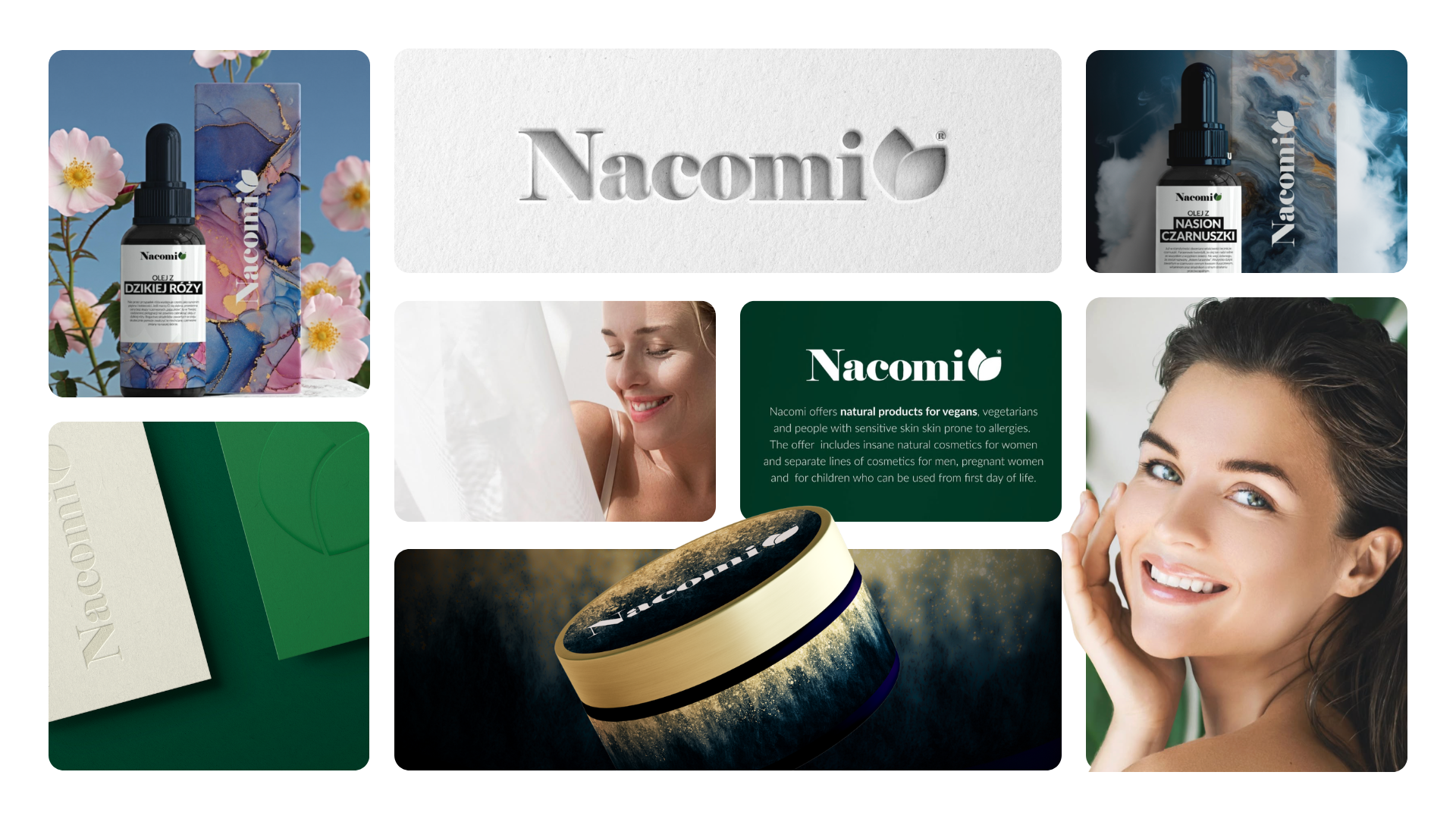 Nacomi branding collage featuring packaging, logo, editorial assets, and portrait photography.