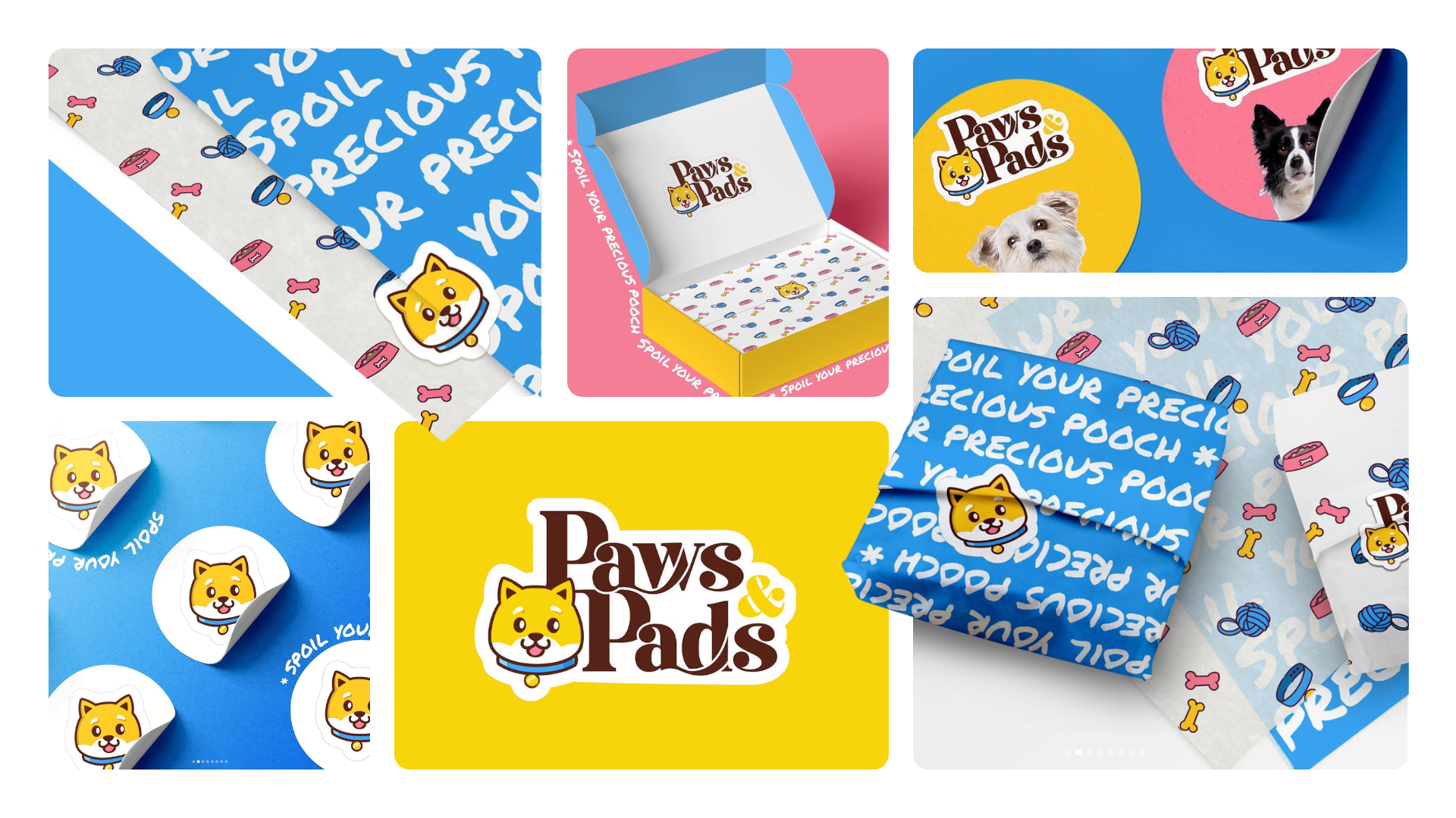 Paws and Pads pet brand collage with colorful packaging, logo system, and playful wrapping paper.