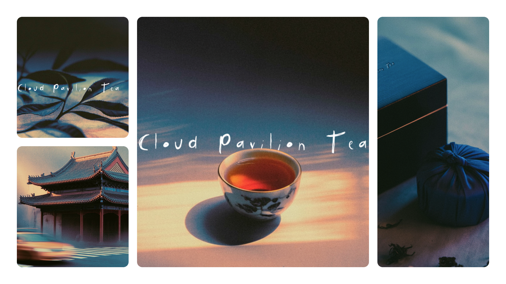 Cloud Pavilion Tea visual identity collage with tea cup, architecture, and moody packaging.