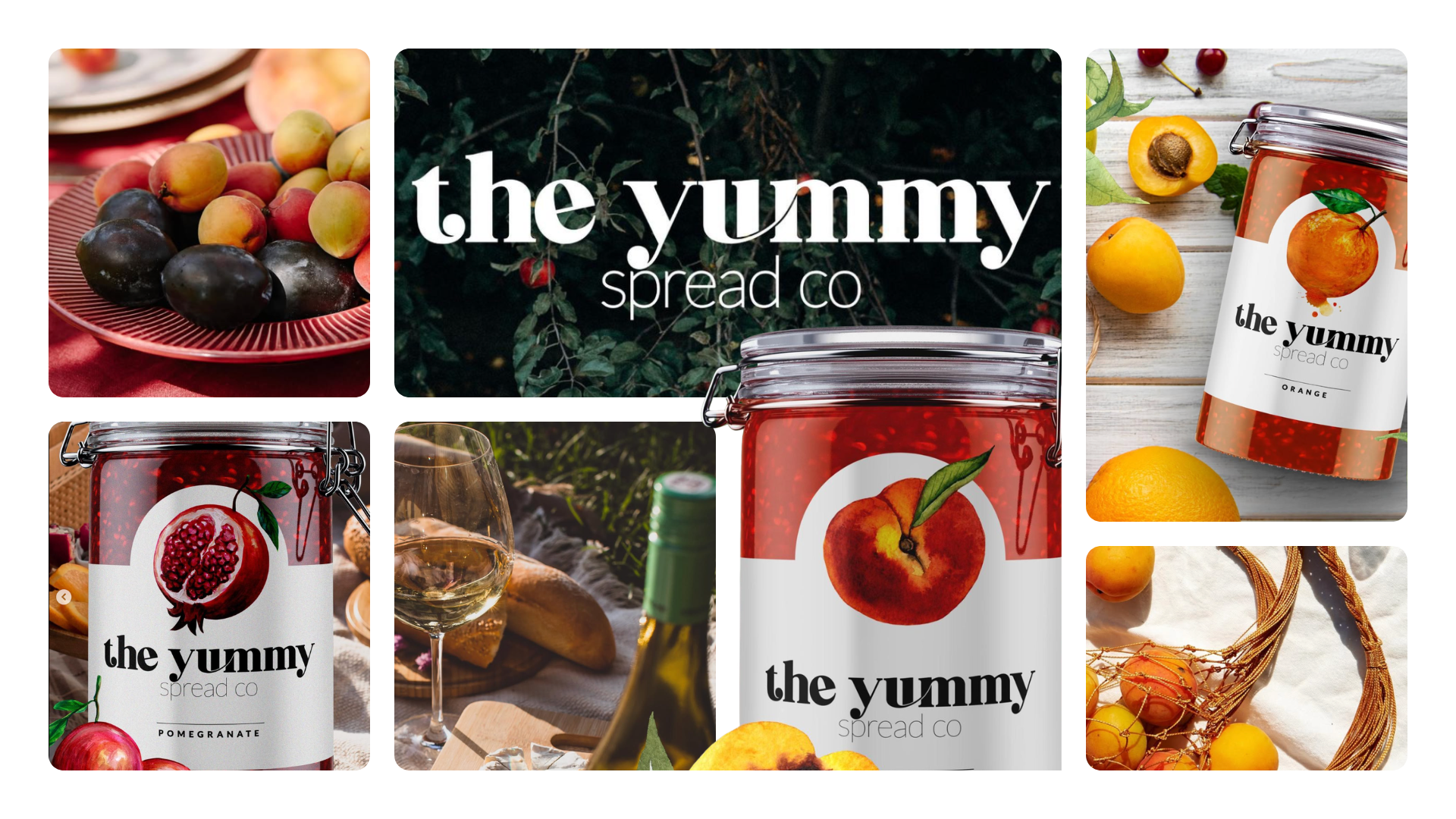 The Yummy Spread Co packaging and lifestyle collage featuring fruit preserves and product photography.