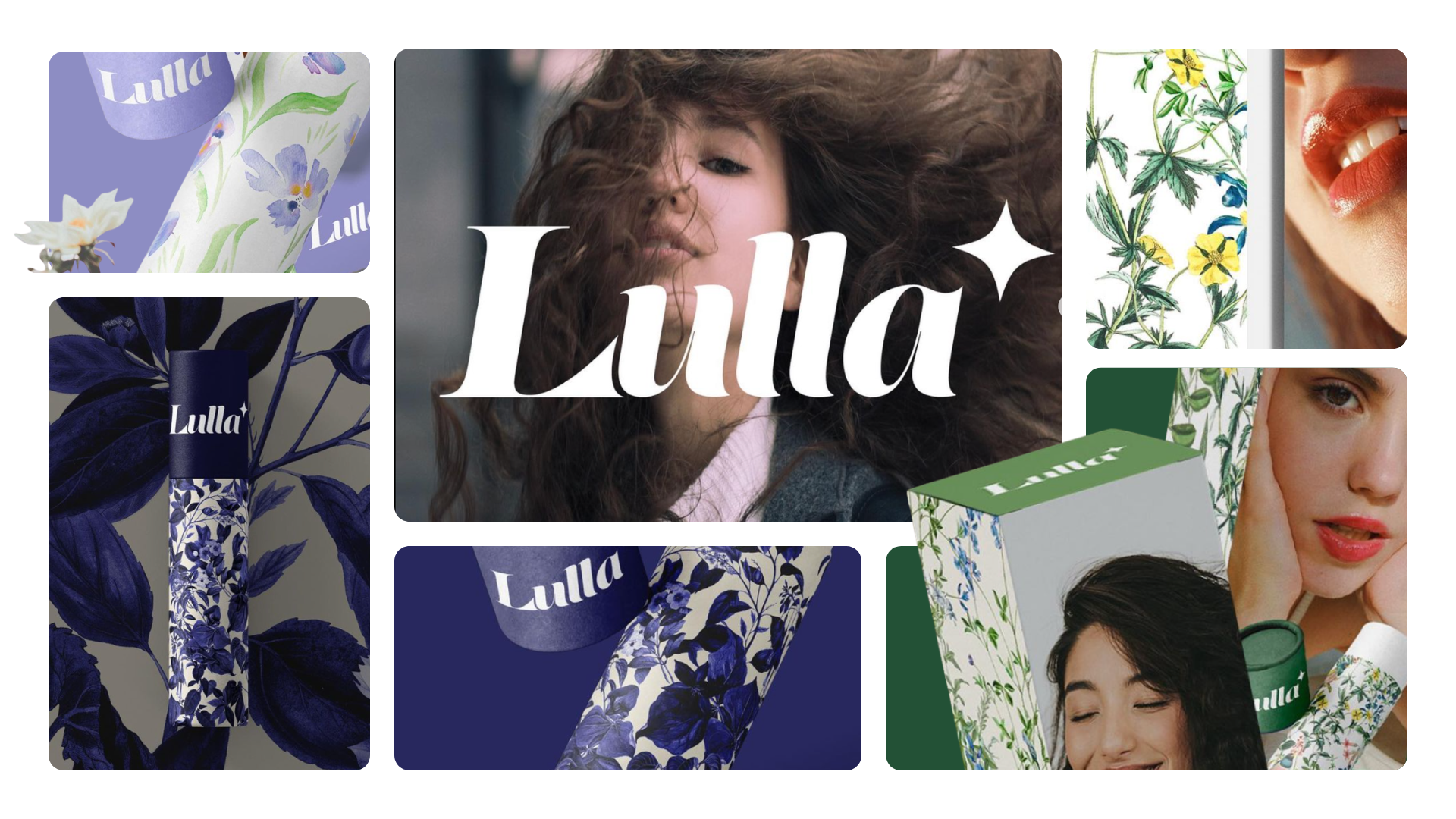 Lulla brand collage with botanical packaging, beauty imagery, and floral illustrations.