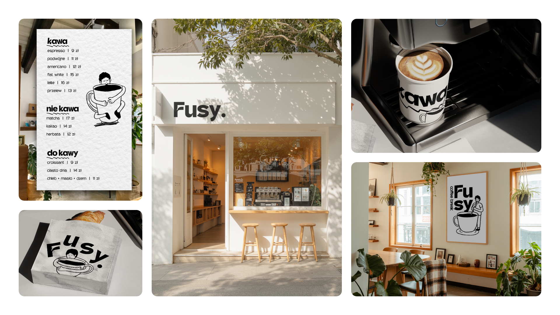 Fusy coffee branding collage with storefront signage, menu board, packaging, and interior poster.