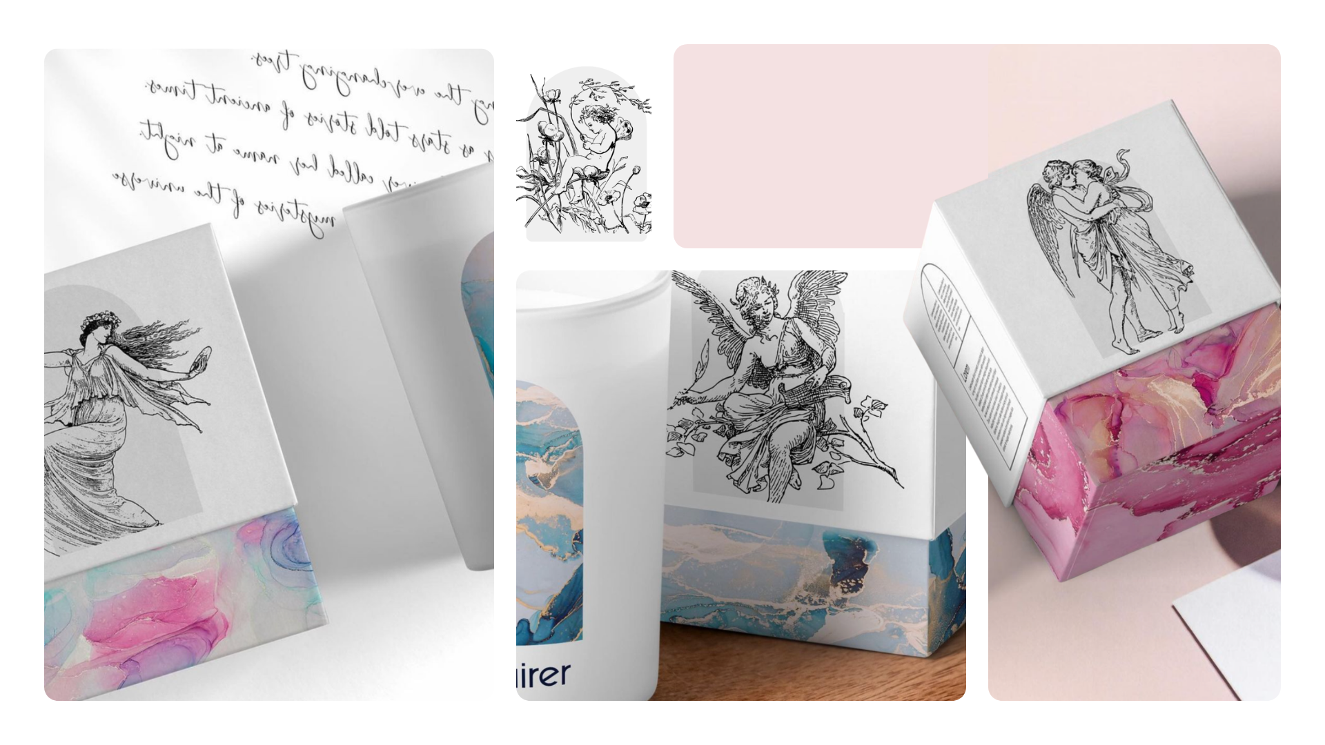 Packaging concept with angel illustrations, soft pastel marble textures, and candle product styling.
