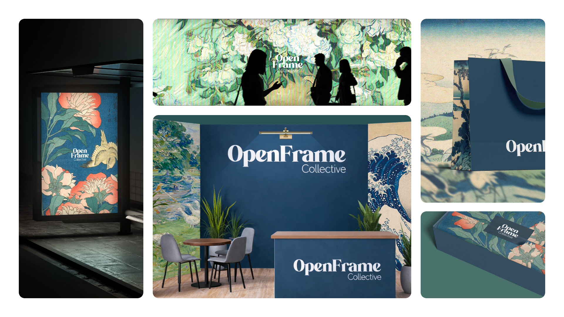 Open Frame Collective branding showcase with exhibition signage, stationery, and booth design.