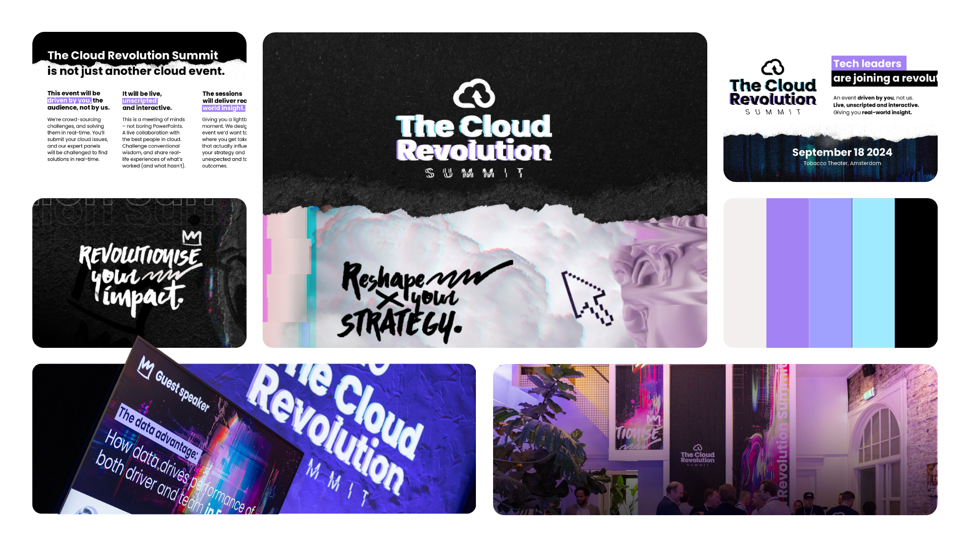 The Cloud Revolution Summit branding graphic with torn-paper texture, cloud visuals, glitch effects.
