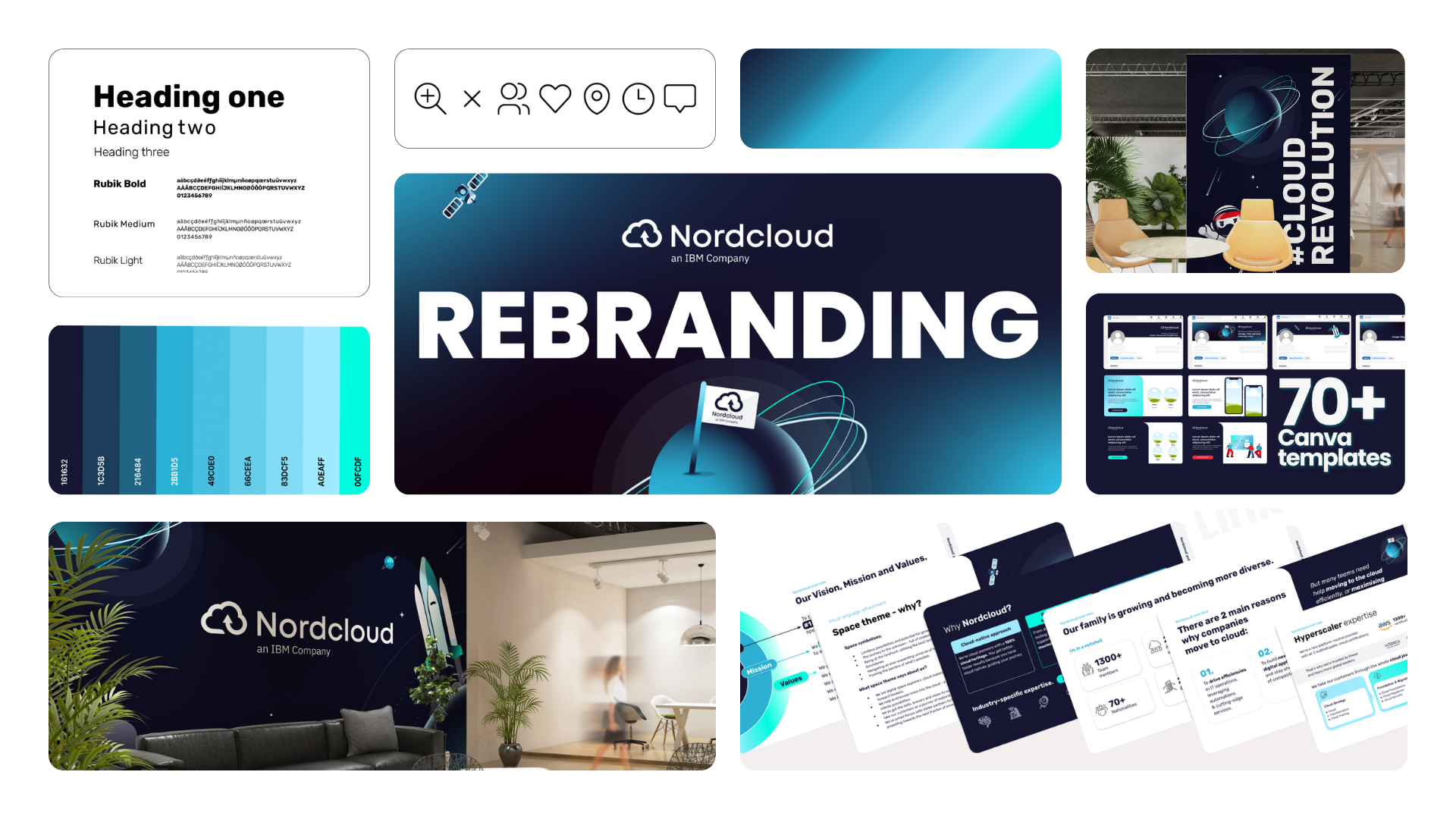 IBM Company branding and presentation design showing cloud strategy slides and visual identity assets.